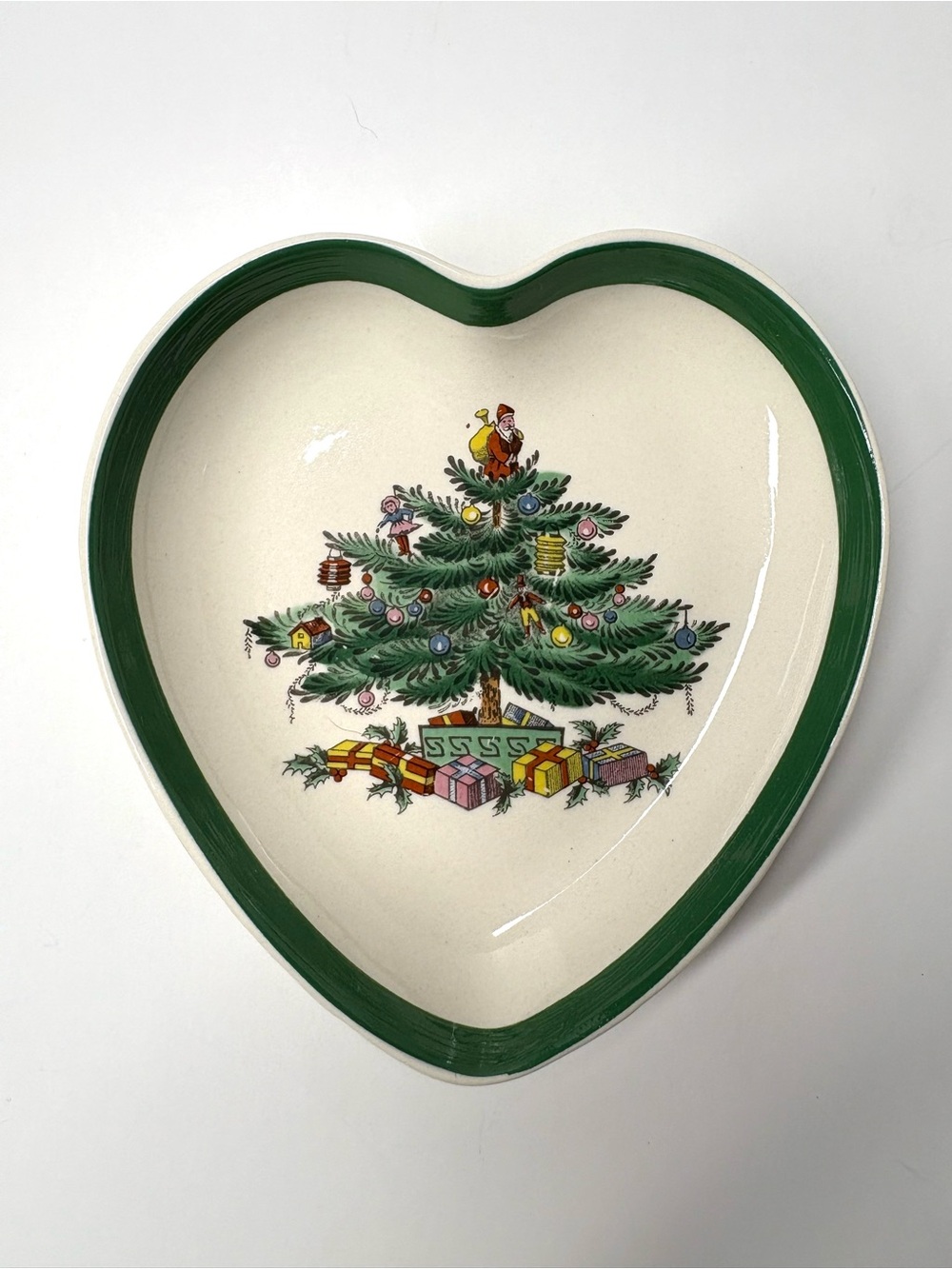 Spode Christmas Tree Heart Dish Ceramic White/Green Glossy England S3324